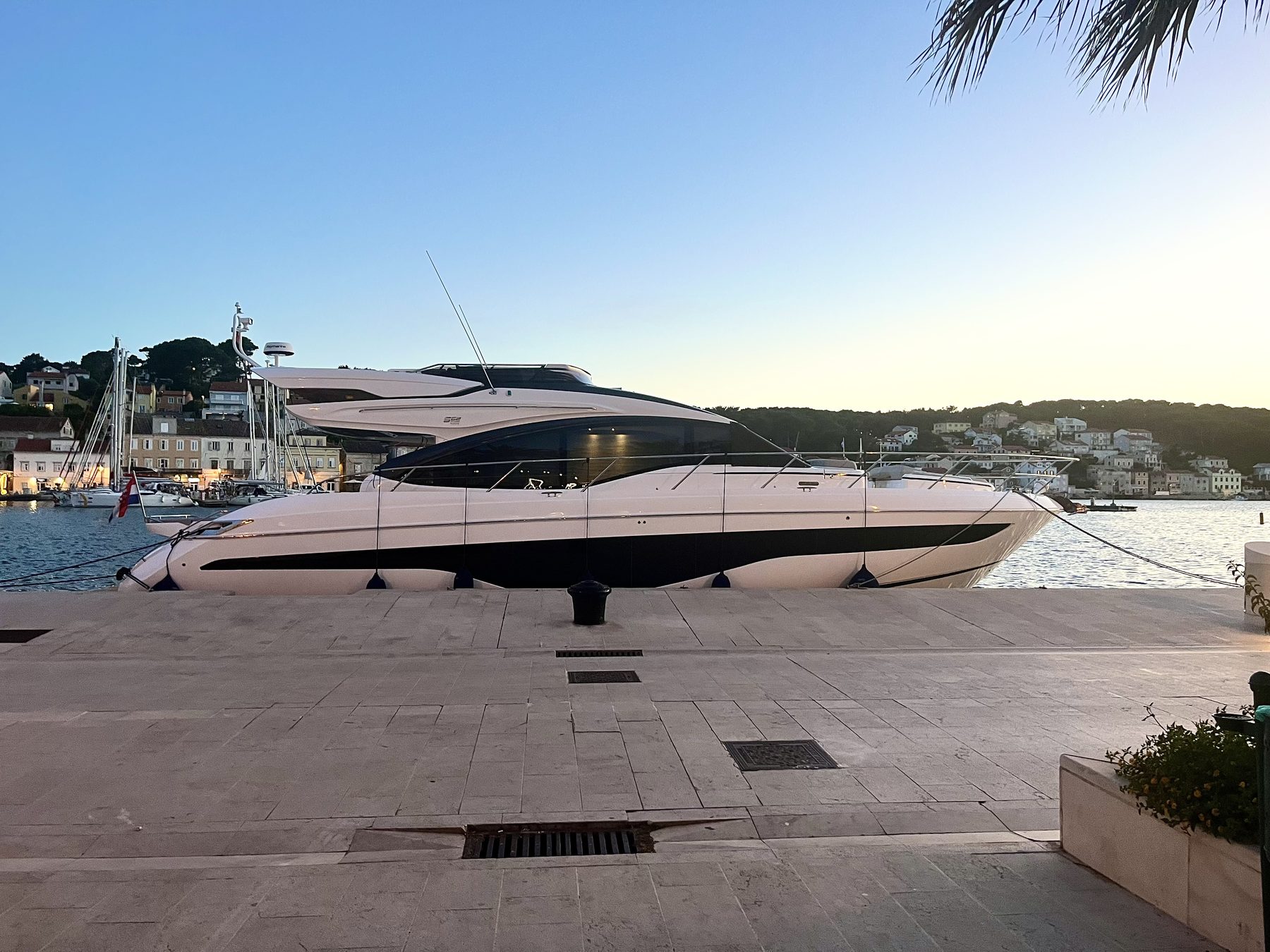 Aexea moored at a Dalmatian harbour at dusk